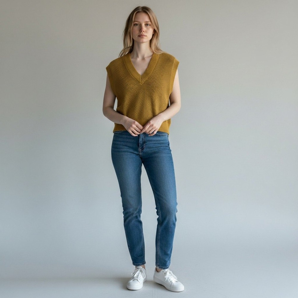 Madewell Women's S Mustard Waffle Knit V Neck Sweater Vest 100% Cotton